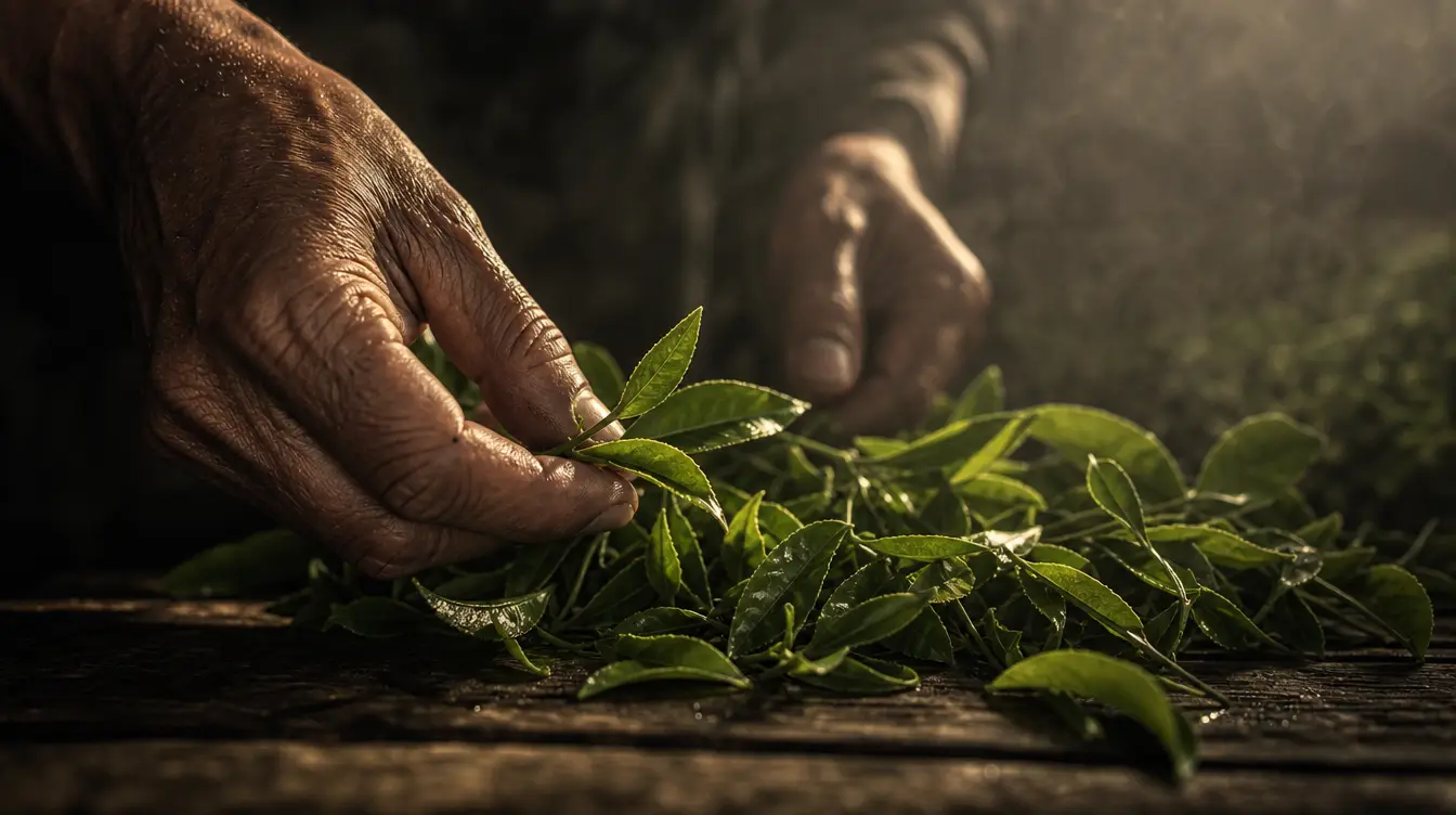 Freshly picked Ceylon tea leaves on a dark wooden surface in warm side light.
