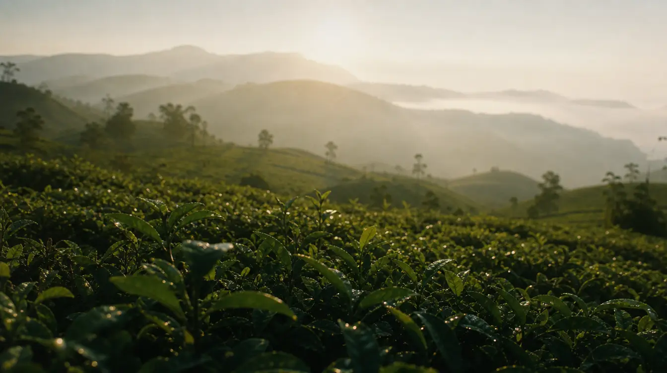 Rows of tea bushes on a misty highland slope at dawn in Nuwara Eliya, Sri Lanka.