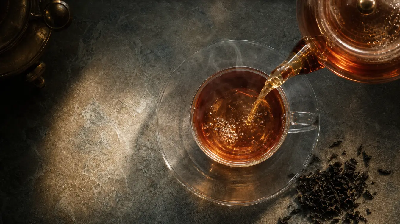 Amber Ceylon tea poured into a clear glass cup on a dark stone surface.