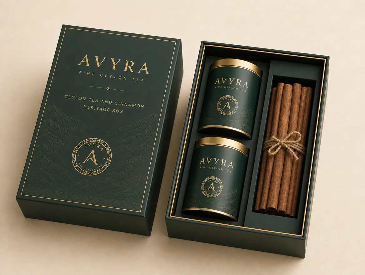 AVYRA Tea and Cinnamon Heritage box, open to show two deep green tea tins beside natural cinnamon quills.