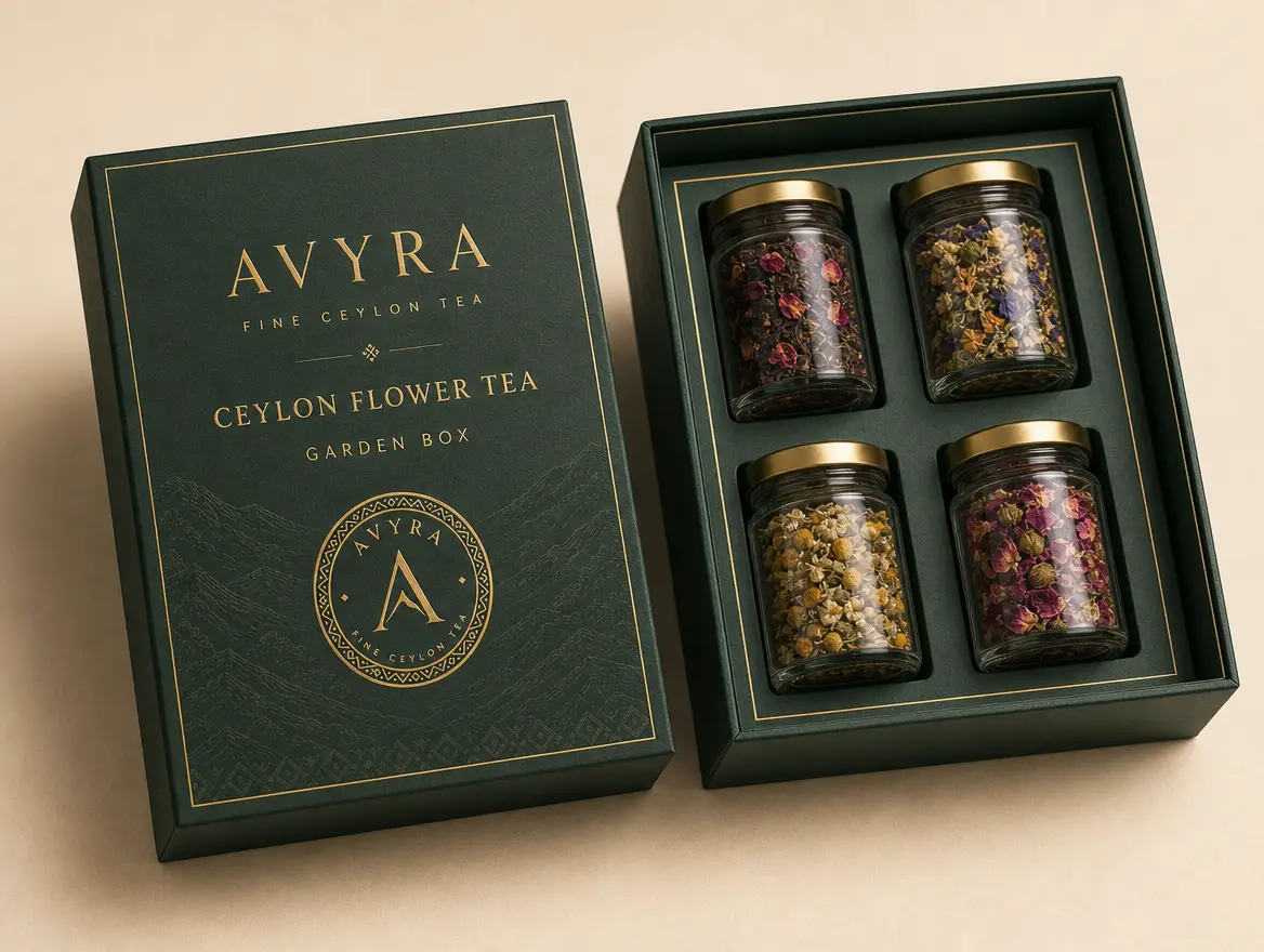 AVYRA Ceylon Flower Tea Garden box, open to show four glass jars of dried flower tea blends.