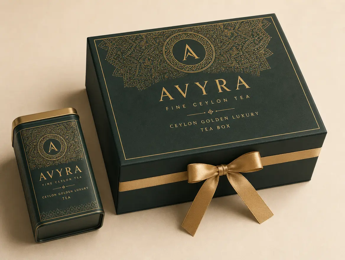 AVYRA Ceylon Golden Luxury tea box, closed, in deep green with a full gold mandala and gold ribbon.