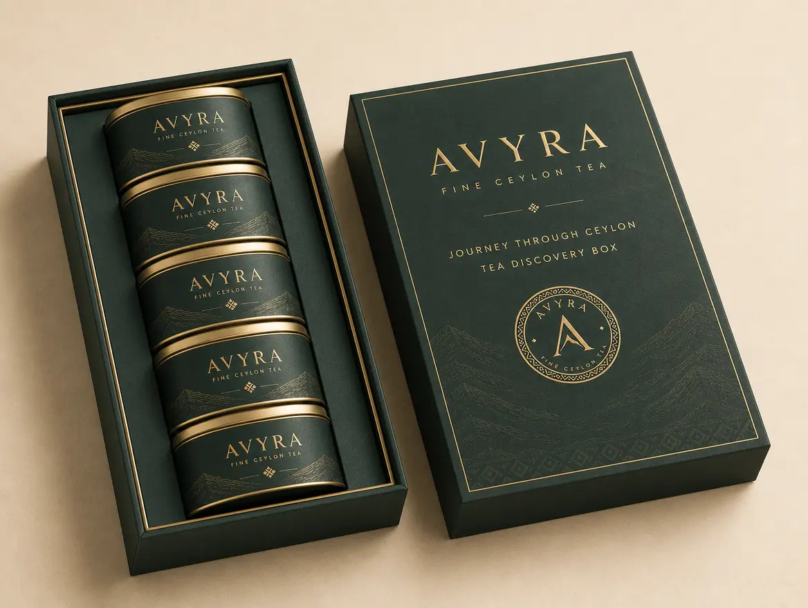 AVYRA Journey Through Ceylon discovery box, open to show five small deep green tea tins with gold lids.