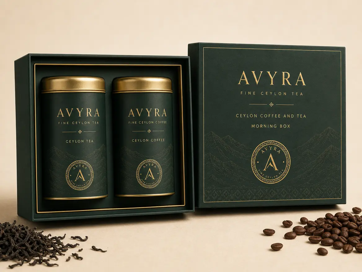 AVYRA Ceylon Coffee and Tea Morning box, open to show a tea tin and a coffee tin with beans and leaves nearby.