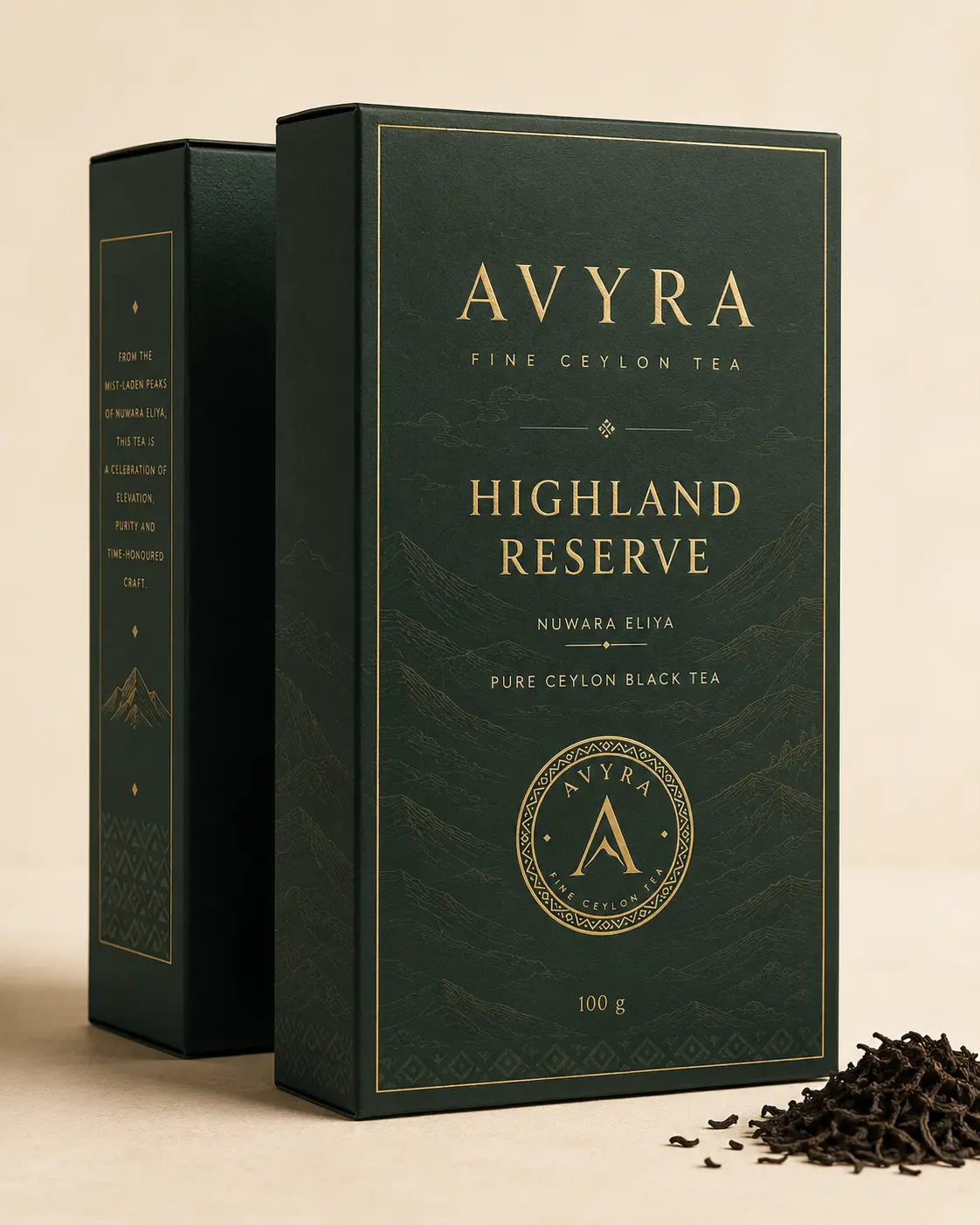 AVYRA Highland Reserve packaging — a deep green box with gold foil lettering reading AVYRA, Fine Ceylon Tea, Highland Reserve, Nuwara Eliya, Pure Ceylon Black Tea, 100 g — beside loose black tea leaves.